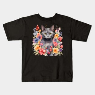 A russian blue cat decorated with beautiful watercolor flowers Kids T-Shirt